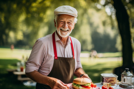 Cheerful senior man in cap and apron eating hamburger outdoorsの素材