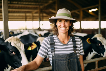 Portrait of smiling woman standing with cows in cowshed at farmの素材