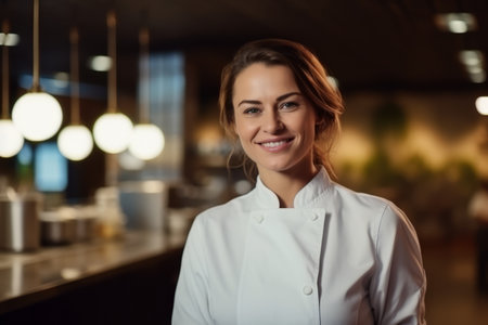Portrait of smiling female chef looking at camera in kitchen at restaurantの素材