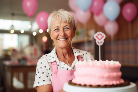 Smiling senior woman with birthday cake at counter in confectioneryの素材