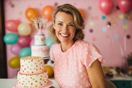 Portrait of happy mature woman with cake at birthday party on backgroundの素材