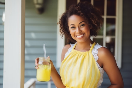 Portrait of smiling young woman holding glass of orange juice on terraceの素材