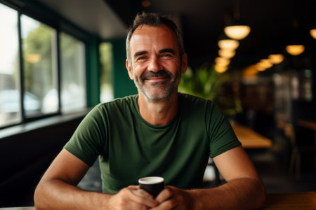 Portrait of a smiling man sitting in a cafe with a cup of coffeeの素材