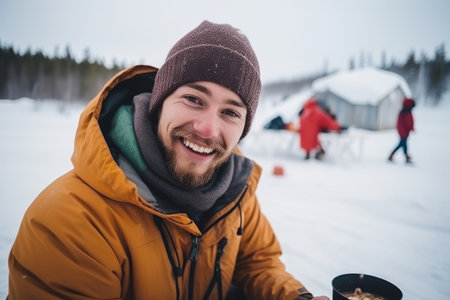 Portrait of a young man with a cup of hot chocolate on the background of the winter forestの素材