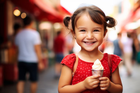 Adorable little girl eating ice cream in the street at summer dayの素材
