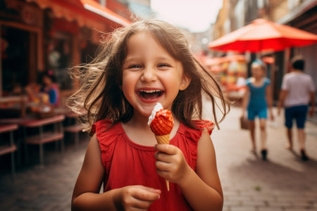 Cute little girl eating ice cream on the street of the city.の素材