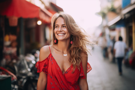 Portrait of a beautiful blonde girl in a red dress on the street.の素材