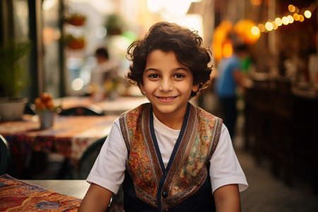 Portrait of a boy with curly hair in a cafe on the streetの素材