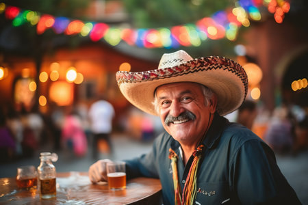 Mexican man with hat sitting at a bar counter in Mexicoの素材