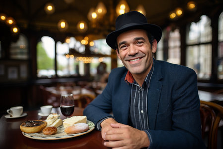 Portrait of happy man sitting at table in cafe and smiling at cameraの素材