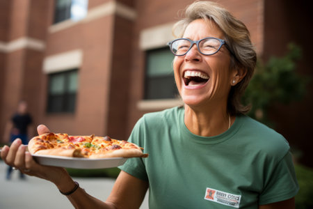 Portrait of happy mature woman holding pizza outdoors. Focus on womanの素材