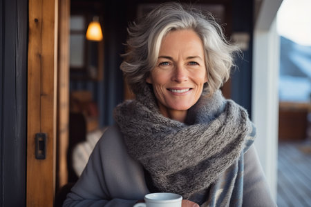 Portrait of smiling senior woman holding cup of hot drink in cafeの素材