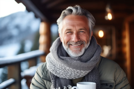 Portrait of smiling senior man with cup of hot drink in winterの素材