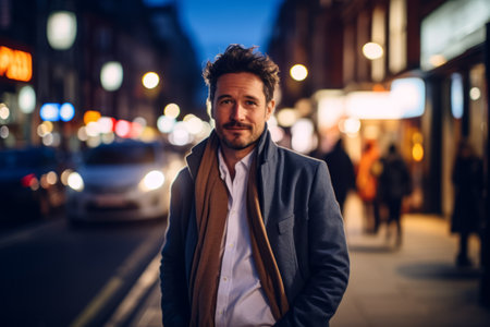 Portrait of a handsome young man walking on the street at nightの素材