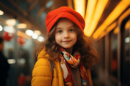 Portrait of a cute little girl with long curly hair in a red hat and yellow jacket in the city.の素材
