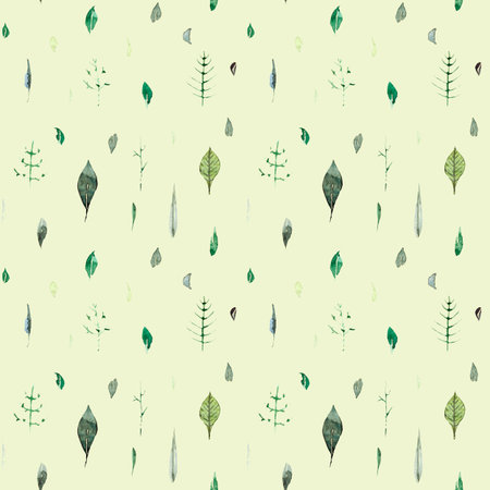 watercolor seamleass pattern with green, blue leaves, branches on a green background for print,...