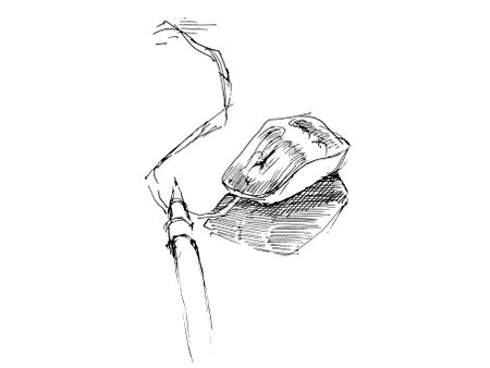 computer mouse and pen on the table, sketch on a white backgroundの写真素材