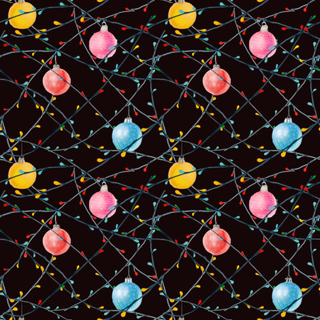 watercolor seamless pattern with christmas blue, red, purple, yellow balls and colorful bright garlands on a black backgroundの写真素材