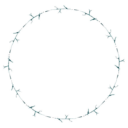 isolated round frame with a green branch for a greeting card on a white backgroundの写真素材