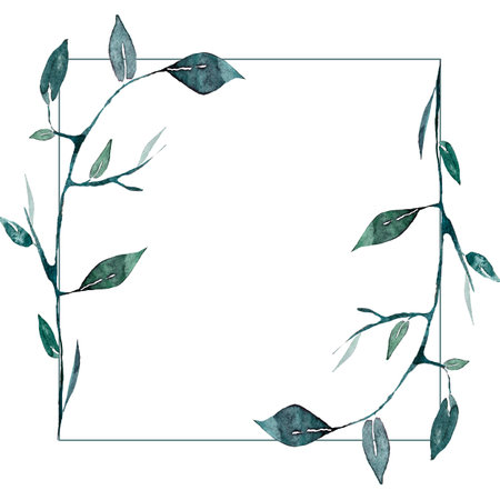 square watercolor frame with green branches and leaves for wedding, greeting cards, for inscriptions, invitationsの写真素材