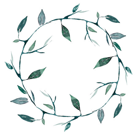 round watercolor frame with branches and leaves square watercolor frame with green branches and leaves for wedding, greeting cards, for inscriptions, invitationsの写真素材