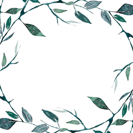 watercolor green wreath with branches and leaves for inscriptions, cardsの写真素材