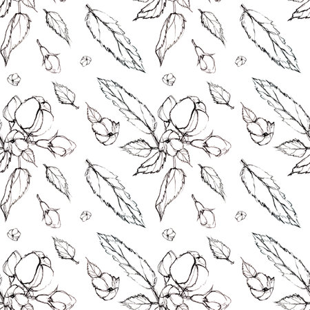 sketch seamless pattern with flowers and leaves on a white backgroundの写真素材