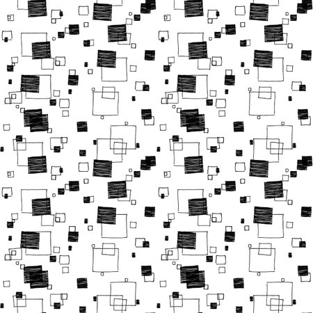 ink doodle geometric seamless pattern with black and white square, for print, textile, backgroundの写真素材