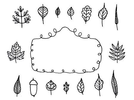 ink sketch doodle set of herbarium, herb, leaves, branches, decorative frame for greeting cards, invitationsの写真素材