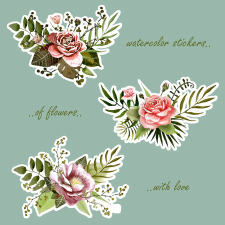 watercolor set of flower stickers on a blue green backgroundの写真素材