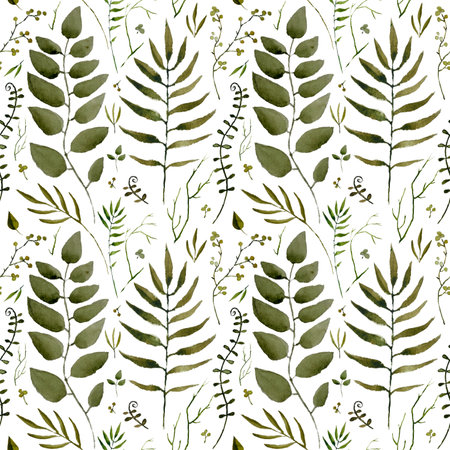 delicate watercolor pattern with leaves and branches, set of herbarium on a white background for the design of cards, interiors, textiles, print and scrapbookingの写真素材