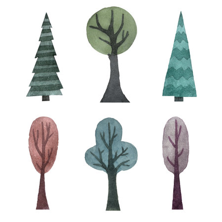 Watercolor set of cute multicolored stylized trees, isolated on whiteの写真素材