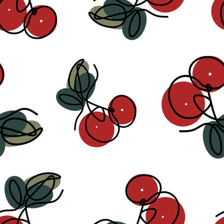 Seamless pattern with cherries line art illustrationの写真素材