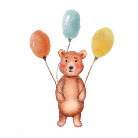 watercolor cute teddy bear with balls, isolated on white backgroundの写真素材