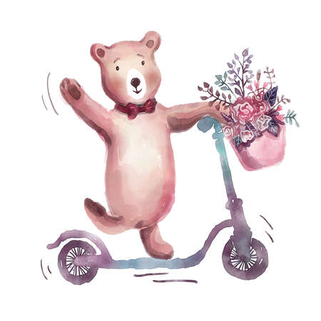 watercolor funny tedy bear rides a scooter with flowersの写真素材