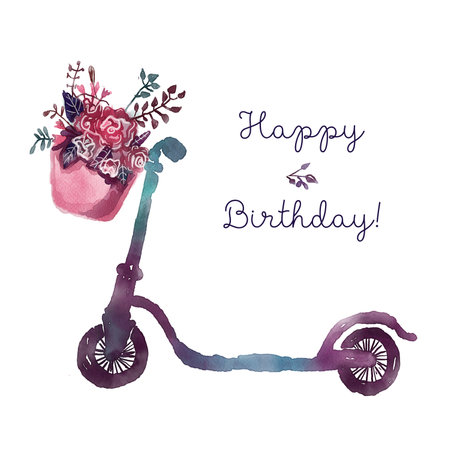 watercolor illustration with scooter and basket of flowersの写真素材