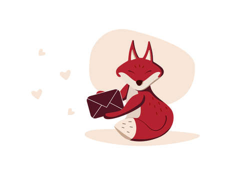 Cute fox holding a love letter, heart in the sky. Love card. Vector illustration.のイラスト素材