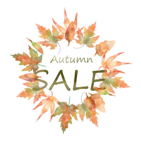 watercolor round wreath with autumn leaves for sale on white backgroundの写真素材