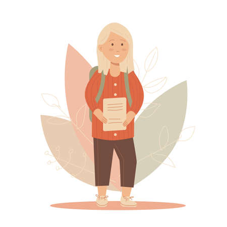 Back to school. Student goes to school with book. Flat vector illustrationのイラスト素材