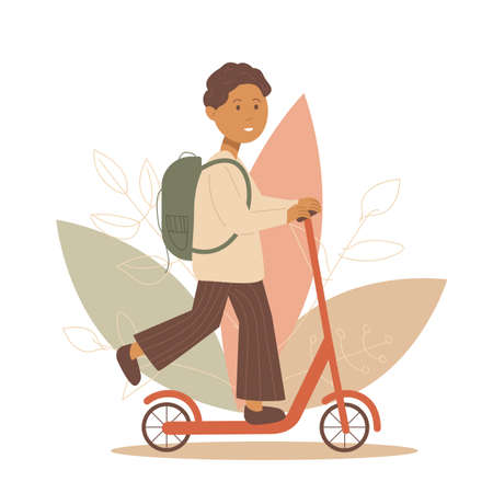 Back to school. A student riding a scooter to school. Flat vector illustrationのイラスト素材