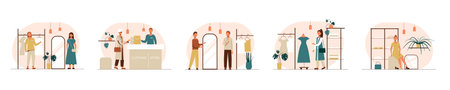 People shopping flat vector illustrations set. Happy boutique customers and friendly sellers cartoon characters. Clothing store, sale.のイラスト素材