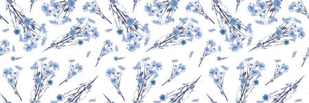Watercolor hand painted seamless pattern with branch with blue flowers, leaves on white background, for print, textileの写真素材