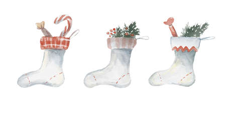 watercolor set with a Christmas stockin, cobbler for the mantel on white backgroundの写真素材