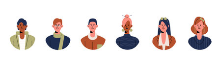 Collection of avatars of people. Group of joyful smiling people. Male and female faces in a round frame. Flat vector illustration.のイラスト素材