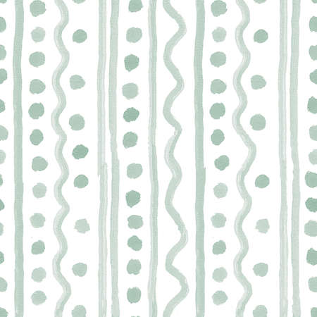 watercolor seamless pattern with green vertical lines, waves, dots on white backgroundの写真素材