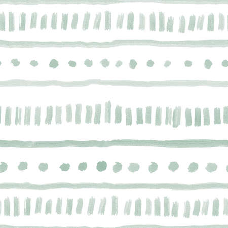watercolor seamless pattern with green vertical, horisontal lines, dots on white backgroundの写真素材