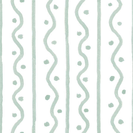 watercolor seamless pattern with green vertical lines, waves, dots on white backgroundの写真素材