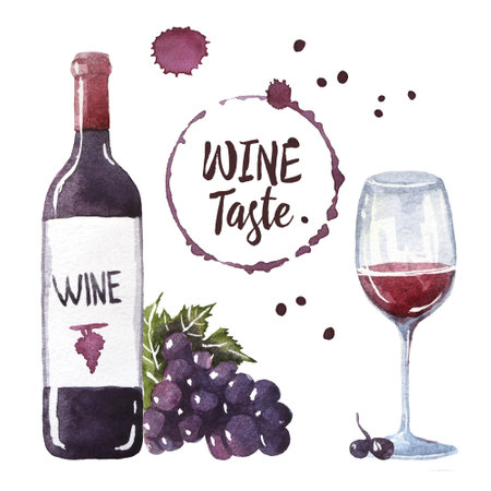 A bottle of red wine with a glass, vine branch and round wine stains. Watercolor hand drawn illustration isolated on white backgroundの写真素材