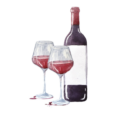 A bottles of red wine and two glasses. Watercolor hand drawn illustration, isolated on white backgroundの写真素材