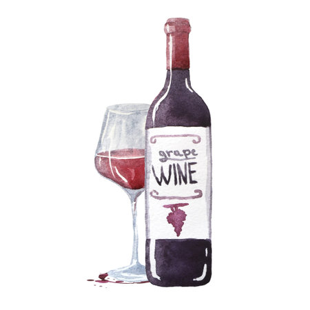 A bottles of red grape wine with a glass. Watercolor hand drawn illustration, isolated on white backgroundの写真素材